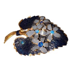 Vintage Austria Gold Tone Enamel Floral Leaf Brooch Blue Rhinestones J27